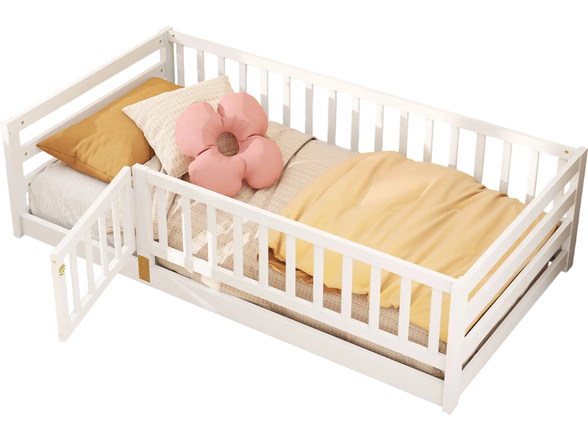 Costway Twin Floor Bed Kids Playhouse High Fence Door White 948613572 New