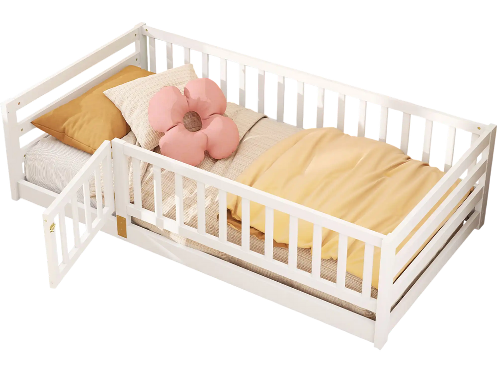 Twin size floor bed with high fence and door, crafted from sturdy pine wood, ideal for children's safety and play.