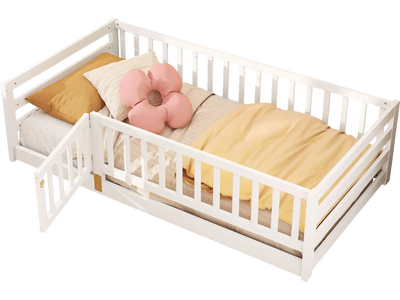 Costway Twin Floor Bed Kids Playhouse High Fence Door White 948613572 New