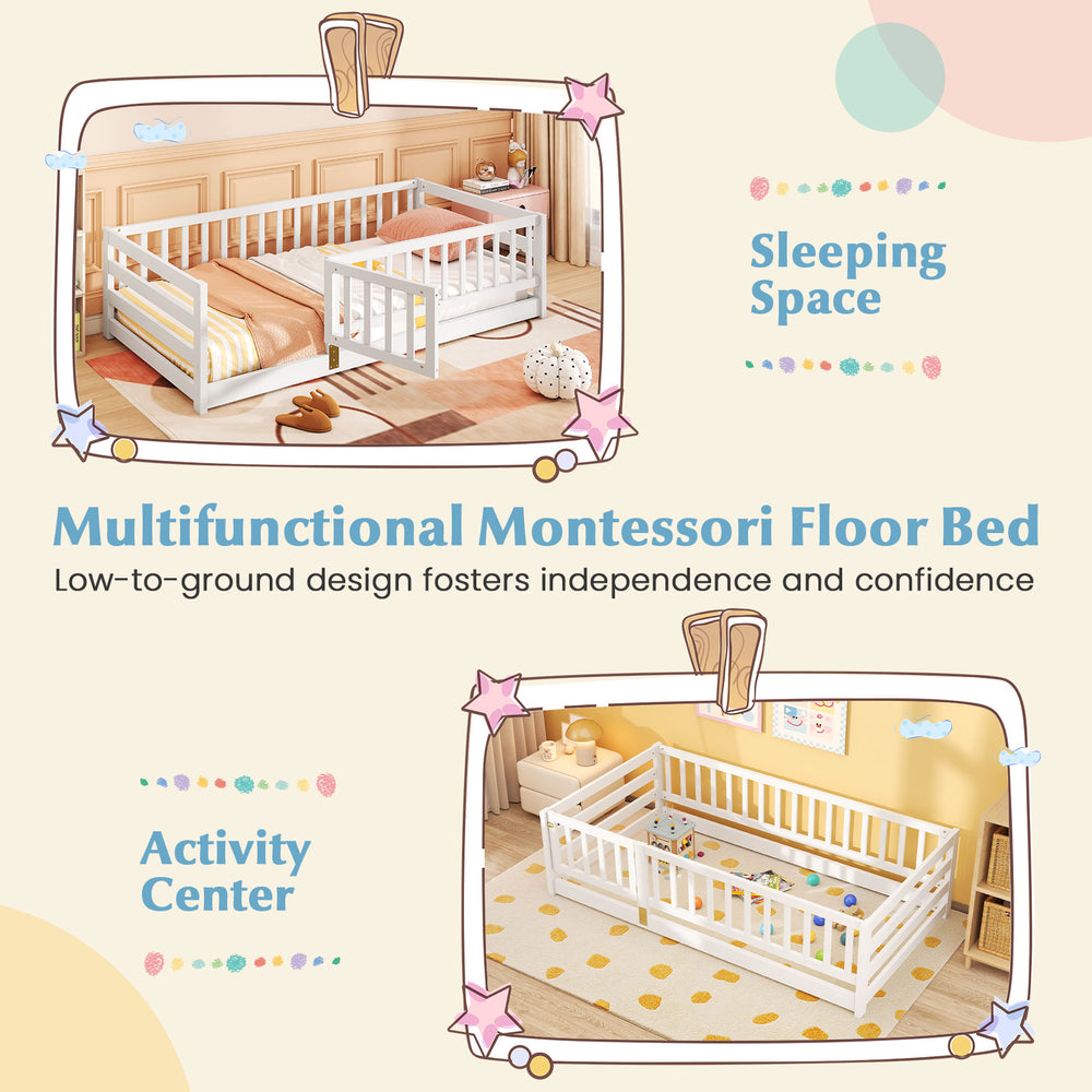 Twin size Montessori floor bed in white with high fence and door, designed for safety and independence in kids' rooms.