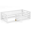 Twin size floor bed with high fence and door, crafted from sturdy pine wood for kids' safety and independence.