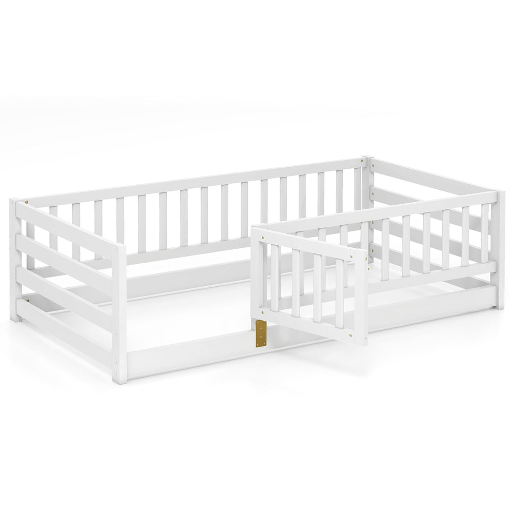 Twin size floor bed with high fence and door, crafted from sturdy pine wood for kids' safety and independence.
