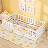 Twin size floor bed with high fence and door, crafted from sturdy pine wood, ideal for kids' sleeping and play areas.