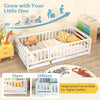 Twin size floor bed with 21.5" high fence rails, crafted from sturdy pine wood, ideal for kids' safety and play.