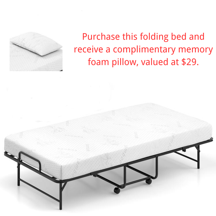 Twin size folding bed with 5-inch mattress and free memory foam pillow, perfect for guest rooms or apartments.