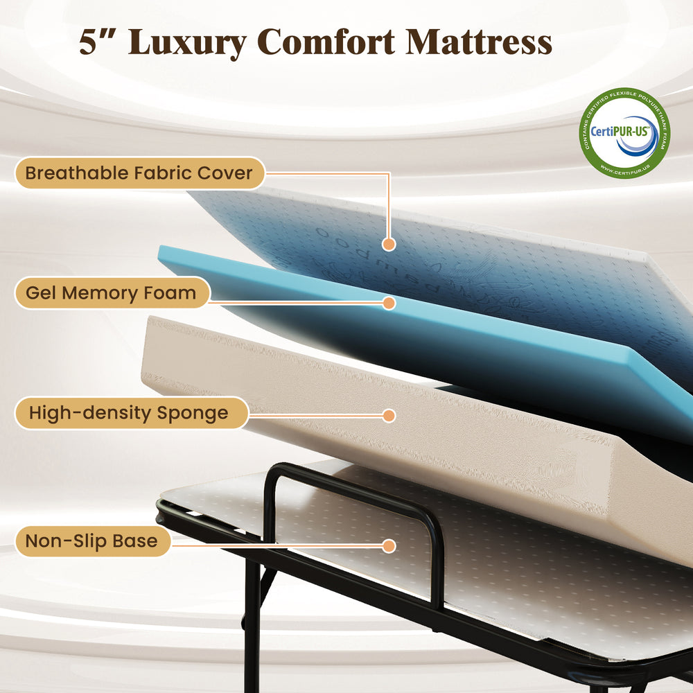 5-inch gel memory foam mattress with breathable cover and non-slip base for twin size folding bed comfort.