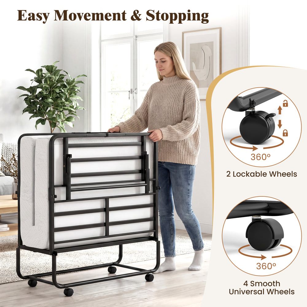 Twin size folding bed with 5-inch gel memory foam mattress, featuring 4 universal wheels for easy movement and storage.
