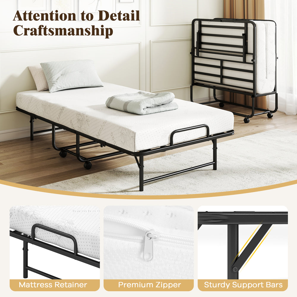 Twin size folding bed with 5-inch gel memory foam mattress, featuring a sturdy metal frame and wheels for easy storage.