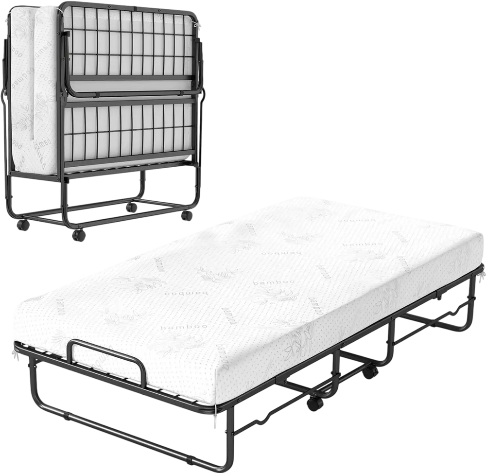 Twin Size Folding Bed with 5-inch Mattress and Metal Frame for Apartment