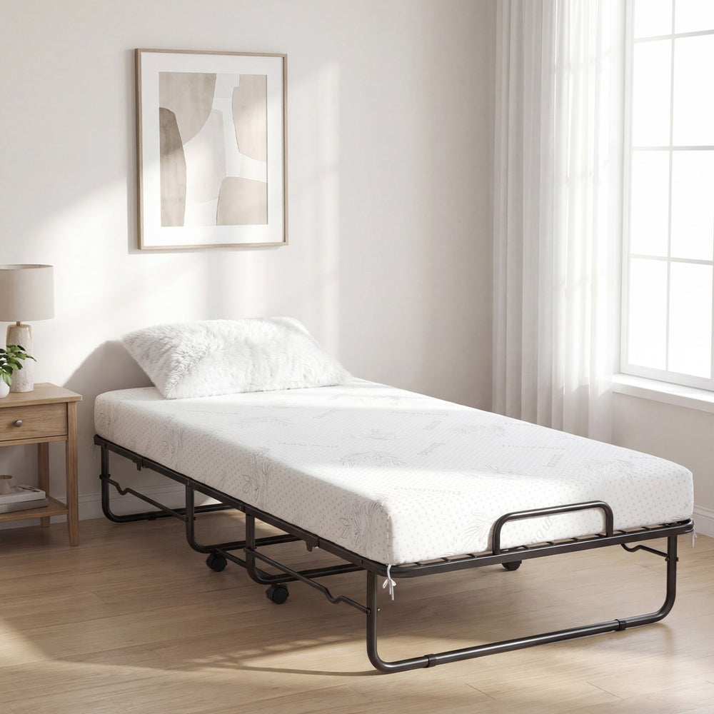 Twin size folding bed with 5-inch gel memory foam mattress and sturdy metal frame, ideal for guest rooms or apartments.