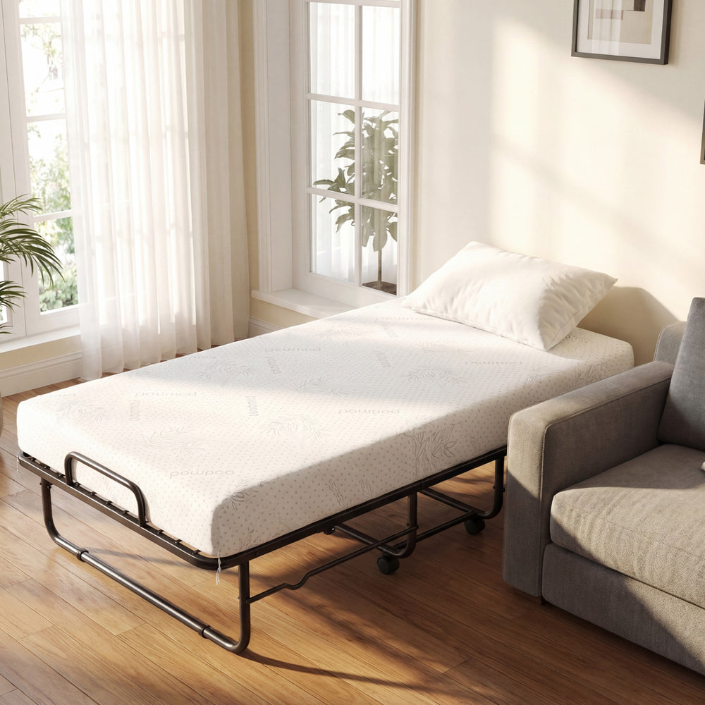 Twin size folding bed with a 5-inch gel memory foam mattress and sturdy metal frame, ideal for guest rooms or.