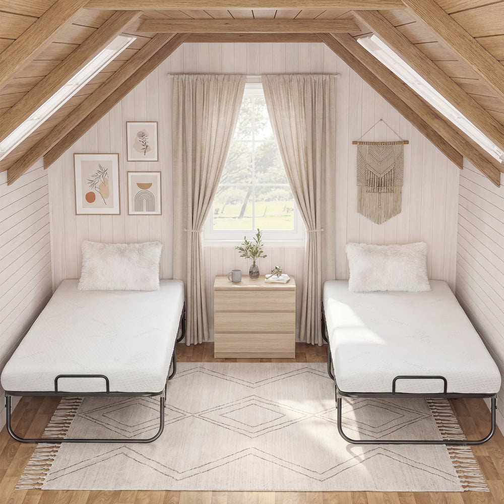 Twin size folding bed with 5-inch gel memory foam mattress and metal frame, perfect for guest rooms or apartments.