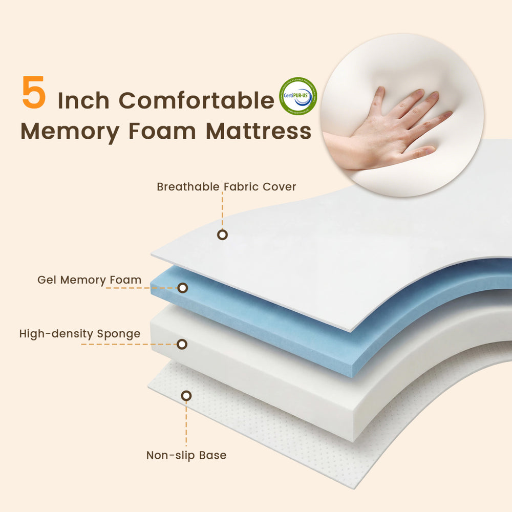 5-inch gel memory foam mattress with breathable cover and non-slip base, ideal for twin size folding bed use.