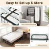 Twin size folding bed with 5-inch gel memory foam mattress, metal frame, and space-saving design for easy storage.