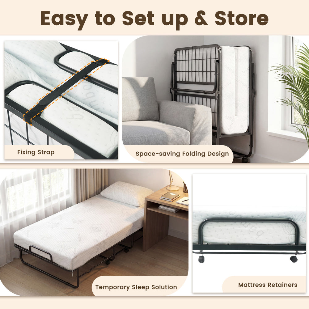 Twin size folding bed with 5-inch gel memory foam mattress, metal frame, and space-saving design for easy storage.