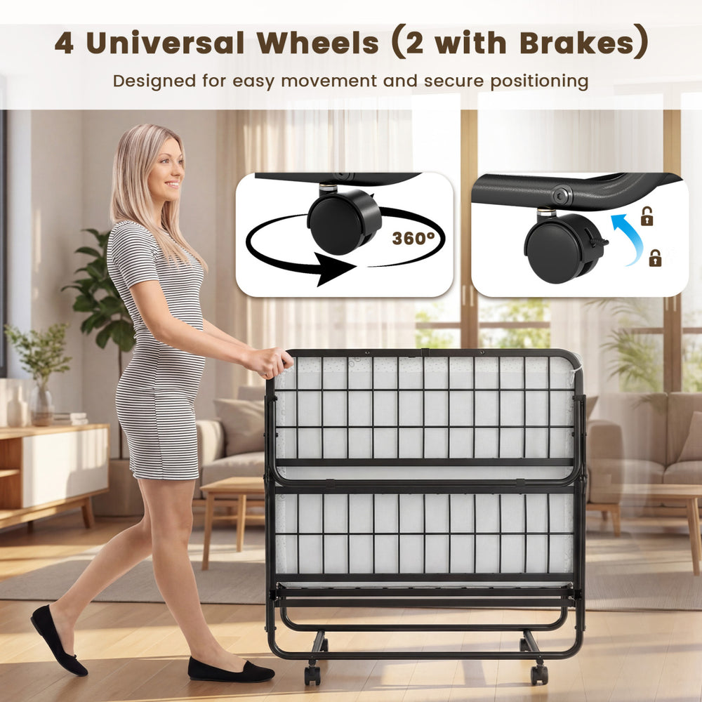 Twin size folding bed with 5-inch gel memory foam mattress and 4 universal wheels for easy movement and secure.