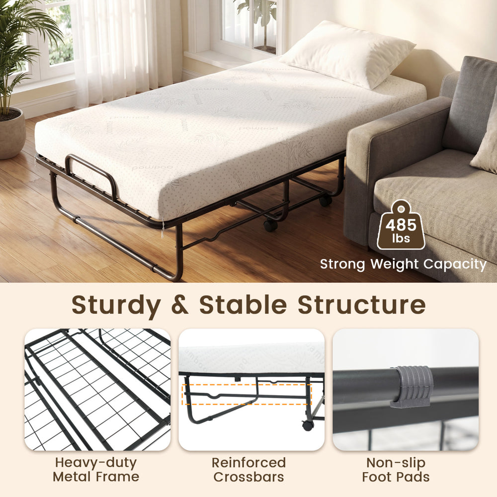 Twin size folding bed with a 5-inch gel memory foam mattress and heavy-duty metal frame for easy storage and guest use.