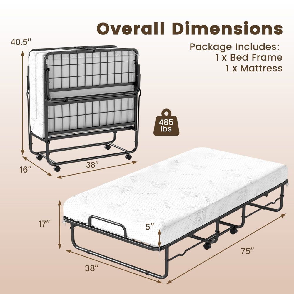 Twin size folding bed with 5-inch gel memory foam mattress and heavy-duty metal frame, ideal for guest rooms and easy.