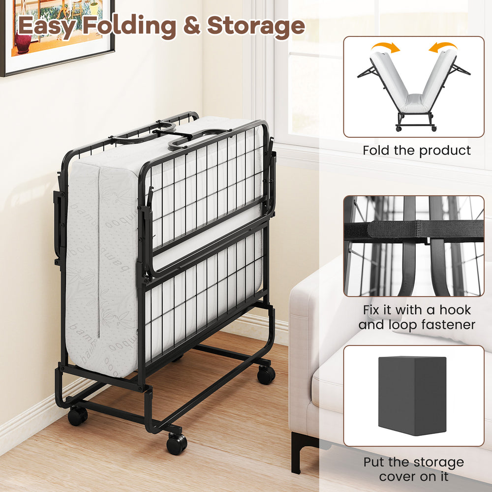 Twin size folding bed with 5-inch mattress, compact design for easy storage, featuring a protective cover and wheels.