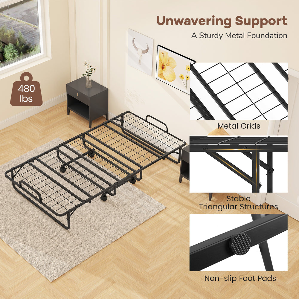 Twin size folding bed with a 5-inch mattress, featuring a sturdy metal frame and non-slip foot pads for stability.
