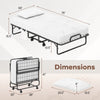 Twin size folding bed dimensions chart showing compact design, sturdy frame, and included free pillow for easy storage.
