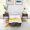 Twin size folding bed with a foam mattress, featuring lockable wheels and a sturdy metal frame for easy storage.