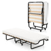 Twin size folding bed with 4-inch foam mattress, lockable wheels, and sturdy birch wood slats for easy storage.