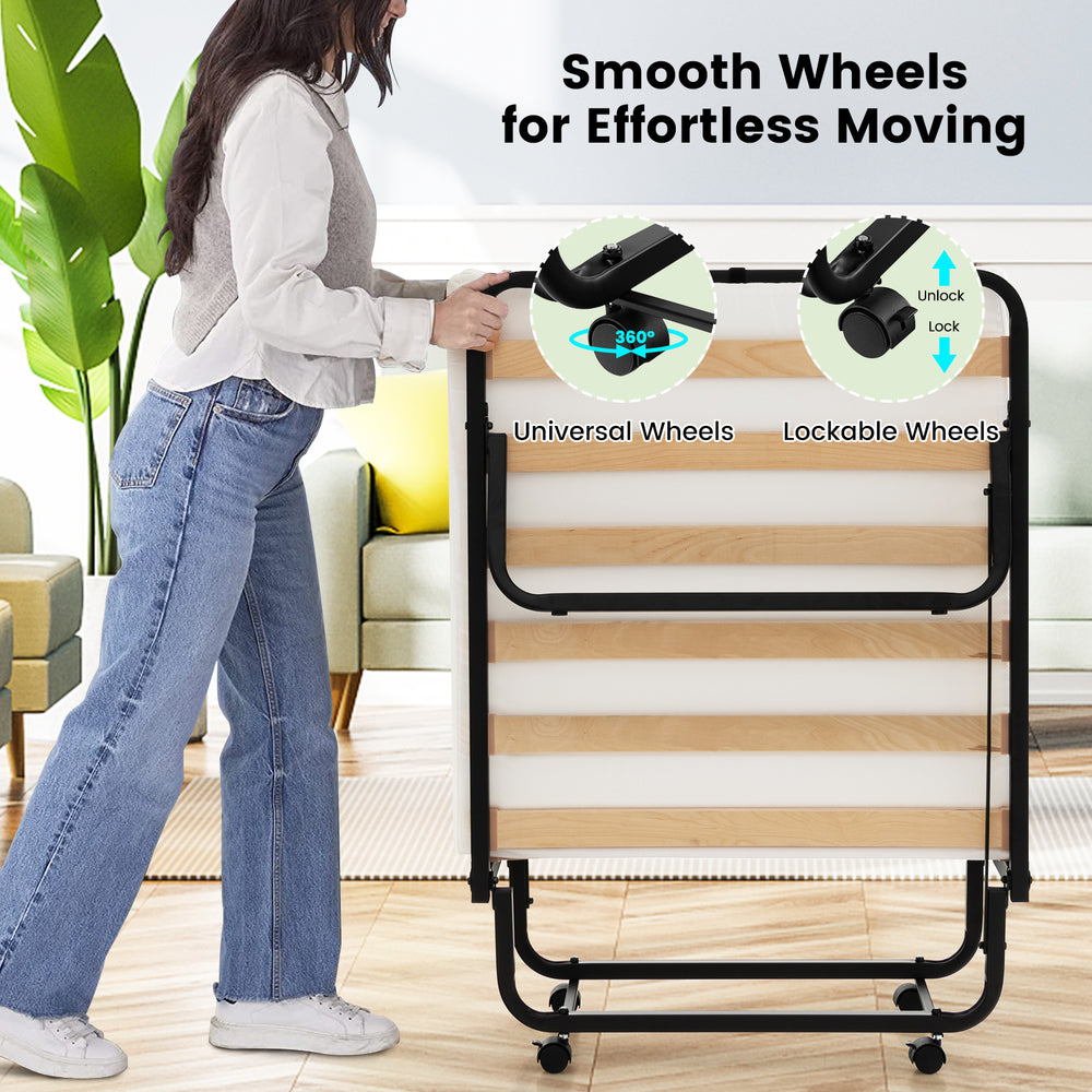 Twin size folding bed with lockable wheels, featuring a high-density foam mattress for easy mobility and support.