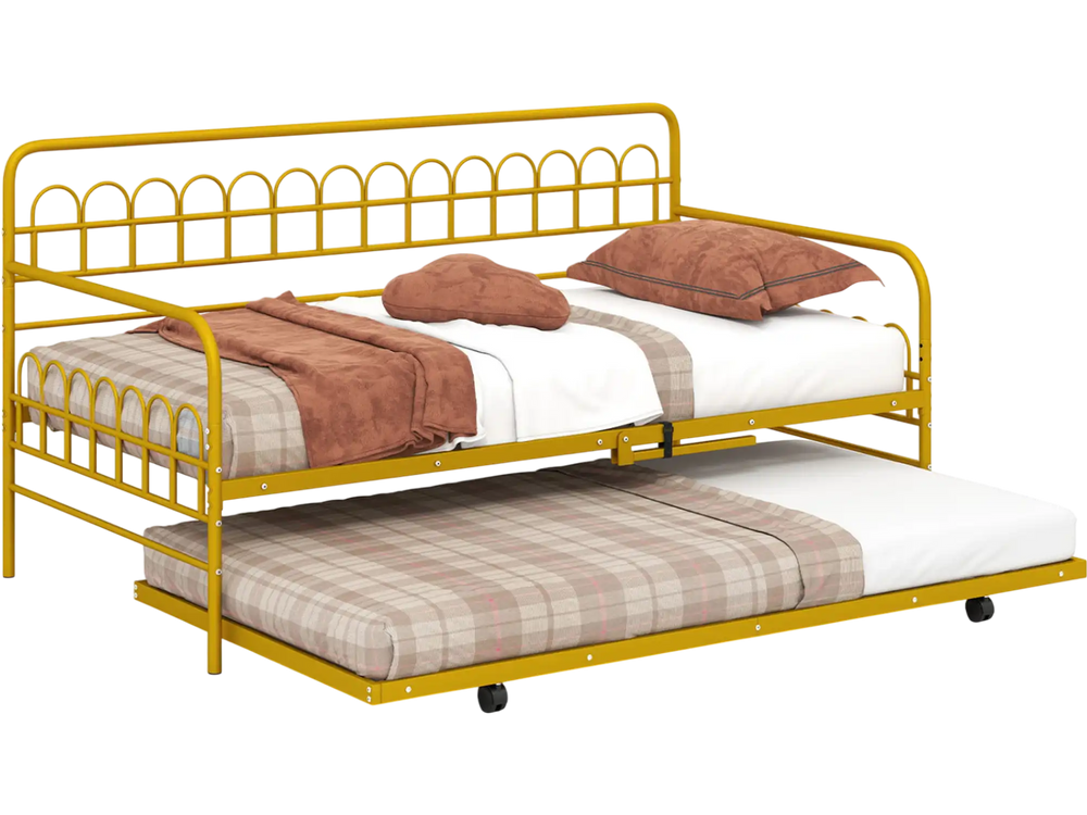 Twin size golden metal daybed with trundle shown from the side, featuring anti-slip foot pads for enhanced stability.