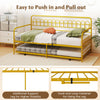 Twin size golden metal daybed with trundle and lockable wheels, perfect for accommodating guests in any room.