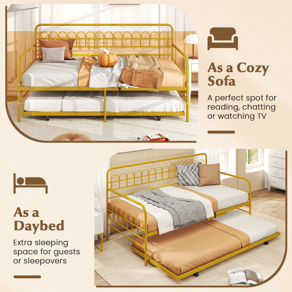Twin size golden metal daybed with trundle and lockable wheels, ideal for accommodating guests in living rooms or bedrooms.