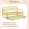 Twin size golden metal daybed with trundle, featuring lockable wheels and a weight capacity of 440 lbs for versatile use.