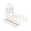 Twin size white house bed with storage headboard, featuring open compartments and slide-out drawers for kids'.