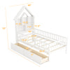 Twin size house bed with storage headboard, white pine wood, includes drawers and open compartments for kids'.