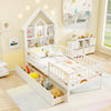 Twin size house bed with storage headboard, featuring open compartments and slide-out drawers for organized kids' room.