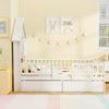 Twin size house bed with storage headboard in white, featuring open compartments and slide-out drawers for kids'.