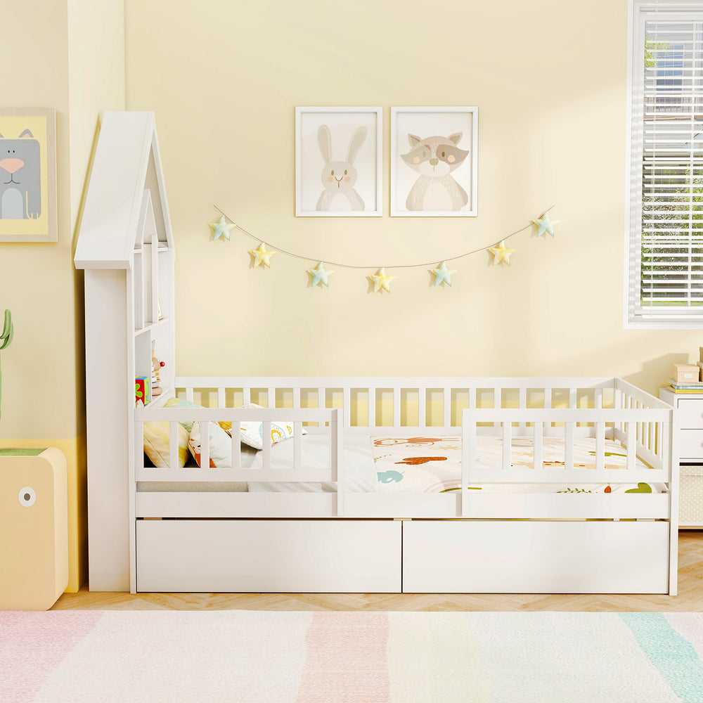 Twin size house bed with storage headboard in white, featuring open compartments and slide-out drawers for kids'.