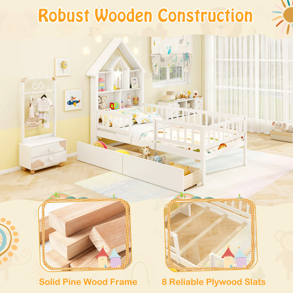 Twin size house bed in white with solid pine wood frame and storage headboard, perfect for kids' rooms.