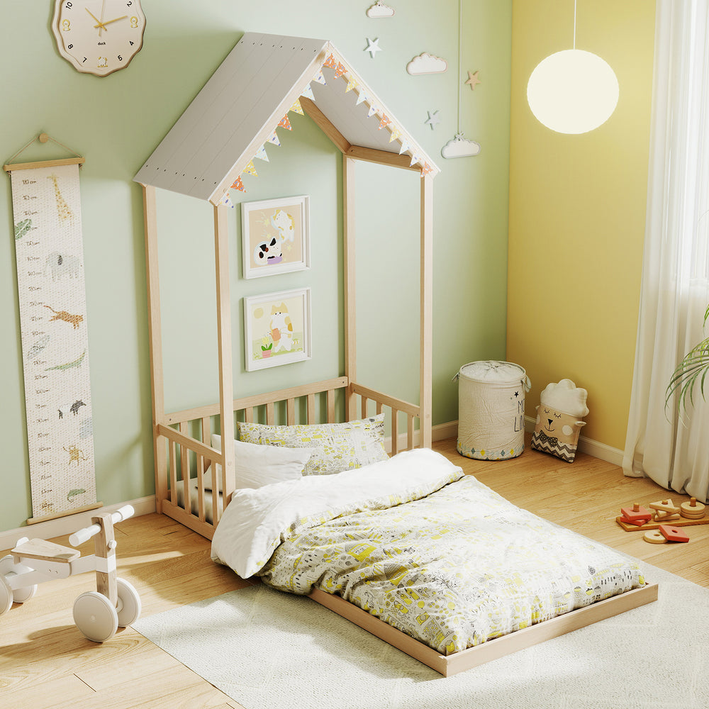 Twin Size House Bed with House Shape Roof and Semi-Fence-Natural - Gallery View 1 of 9