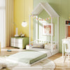 Twin size house bed with a charming roof and semi-fence design, made of solid pine wood for kid's room safety.