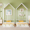 Twin size house bed with a playful roof design, featuring a solid pine wood frame and low-to-ground access for kids.