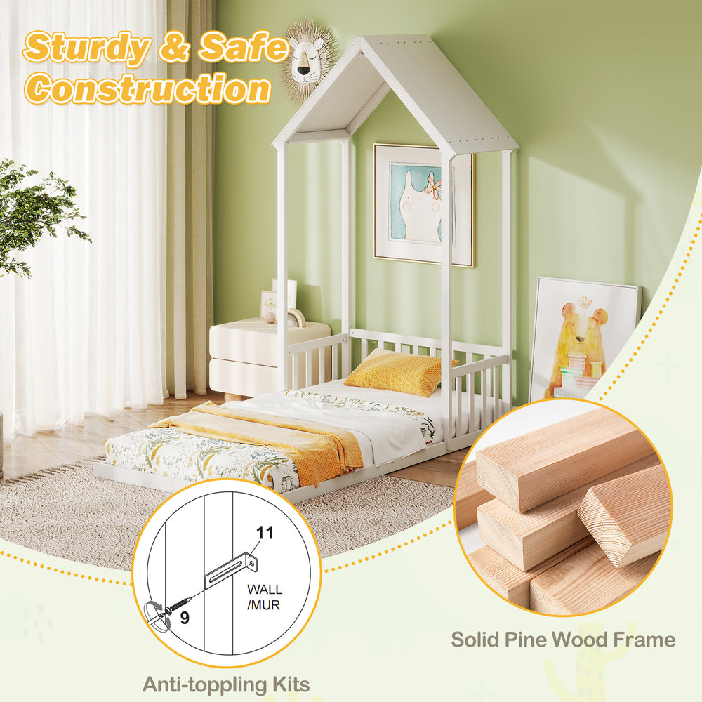 Twin size house bed with solid pine wood frame, semi-fence design, and anti-toppling kits for kid's safety and fun.