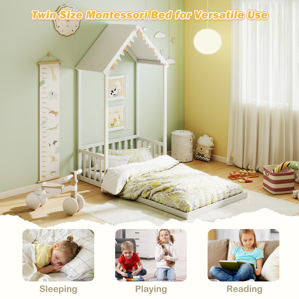 Twin size house bed with semi-fence design in white, perfect for sleeping or playing in a child's room.