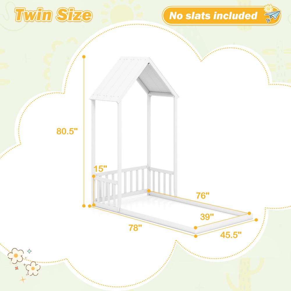 Twin size house bed frame in white with house shape roof and semi-fence design, perfect for kids' room safety and fun.