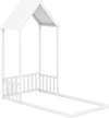 Twin size house bed frame in white with a house-shaped roof and semi-fence design for kids' safety and fun.