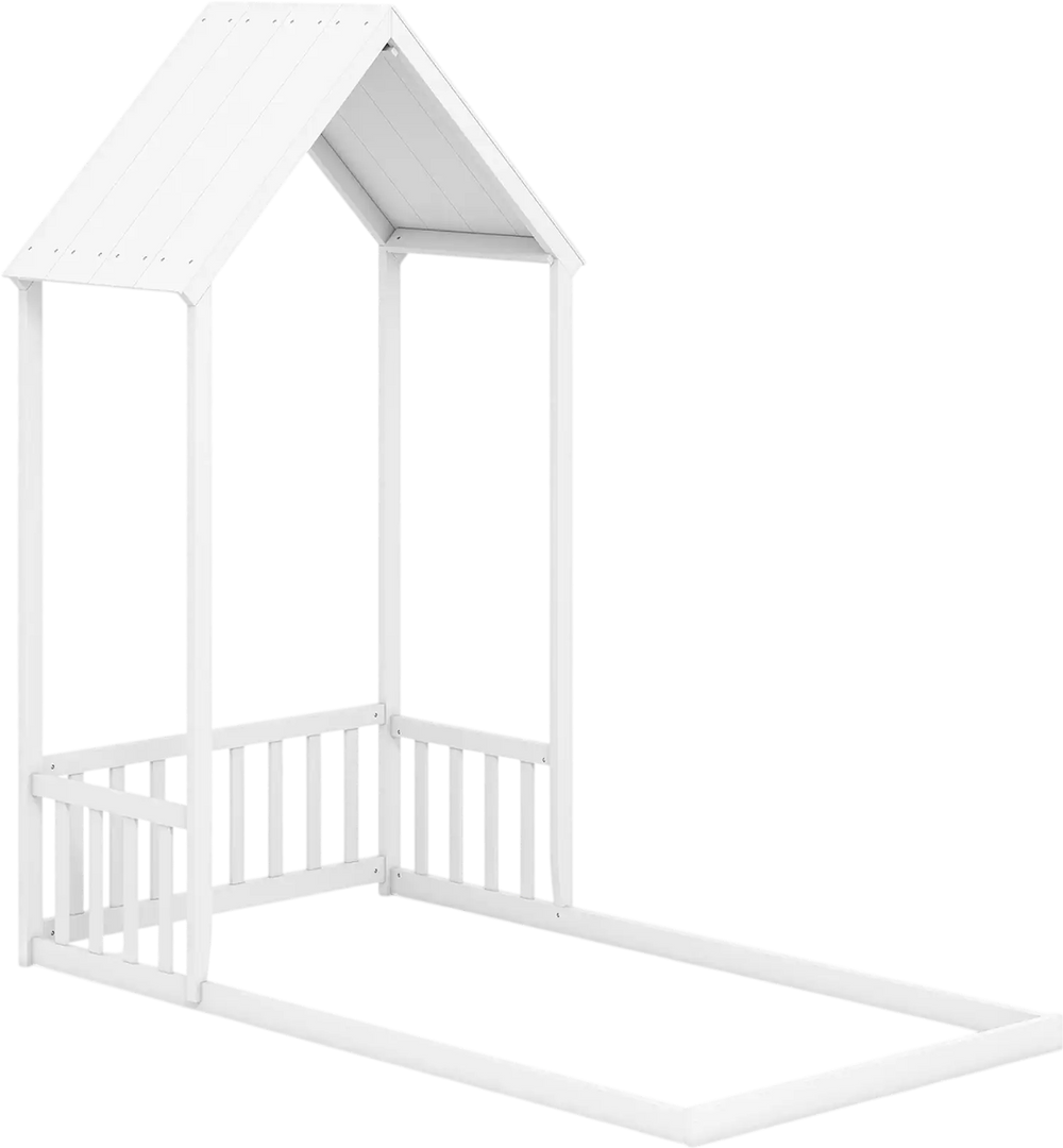 Twin size house bed frame in white with a house-shaped roof and semi-fence design for kids' safety and fun.