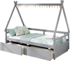 Twin size gray house bed with roof, safety guardrail, and two spacious drawers for storage in a playful children's room.