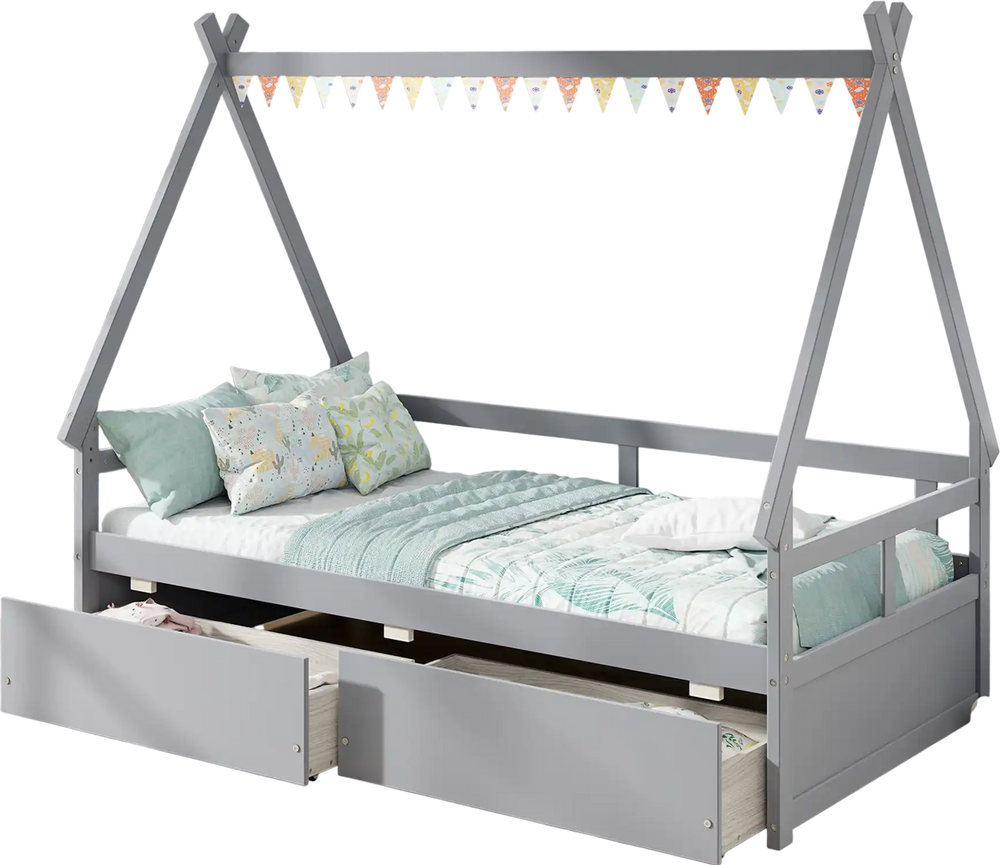 Twin size gray house bed with roof, safety guardrail, and two spacious drawers for storage in a playful children's room.