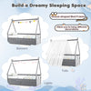 Twin size house bed frame in gray with roof, safety guardrail, and two spacious drawers for storage and decoration.