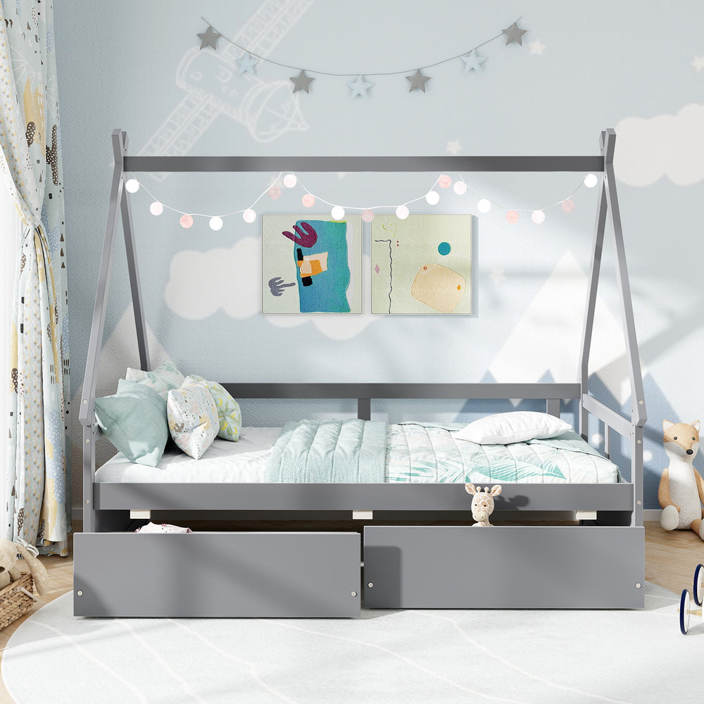 Twin size gray house bed with roof, showcasing two spacious drawers and a safety guardrail, perfect for playful.